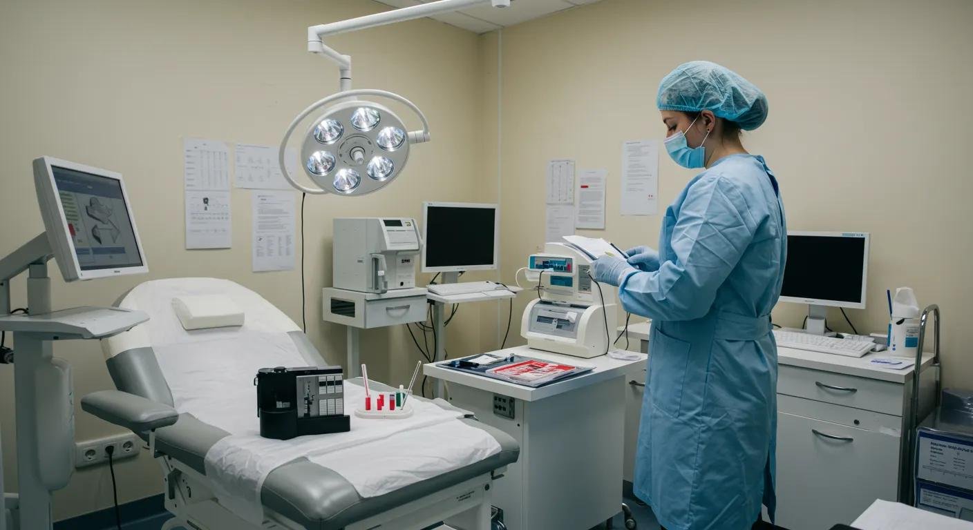 a sterile medical office with a modern examination room, featuring a clinical atmosphere and relevant medical equipment, emphasizing the importance and professionalism of preparing for a semen analysis test.