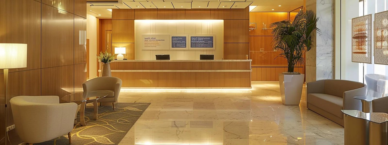 a sleek, modern dubai clinic's reception area displays informative posters on std symptoms and testing, illuminated by warm artificial lighting, creating a professional yet inviting atmosphere.