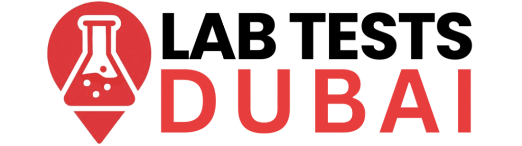 Lab Tests Dubai logo featuring a laboratory flask and pin, representing at-home food allergy and intolerance testing services.