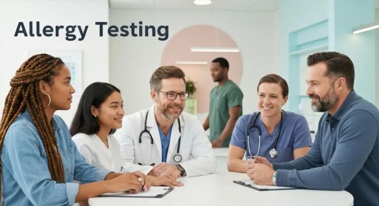 Diverse individuals consulting with healthcare professionals about allergy testing in a modern clinic