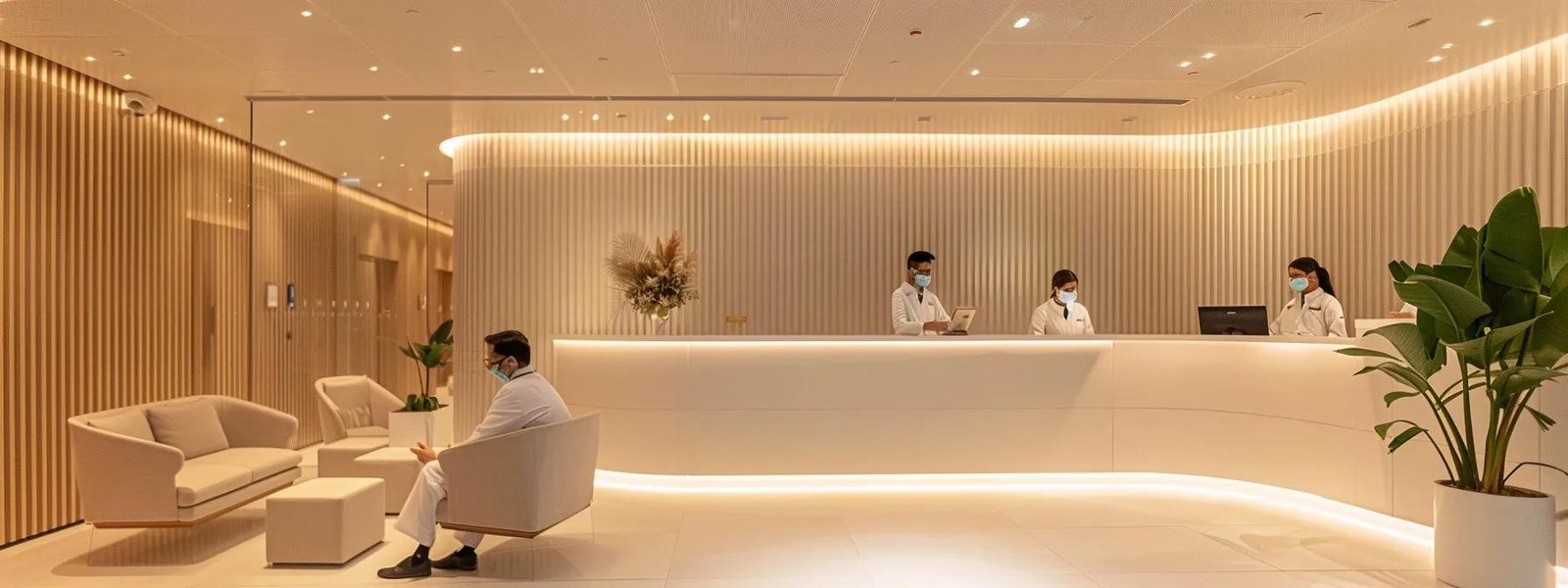a sleek, modern healthcare clinic reception area in dubai, featuring a stylish minimalist design with soft lighting, where a diverse group of confident individuals discusses std testing options with attentive staff.