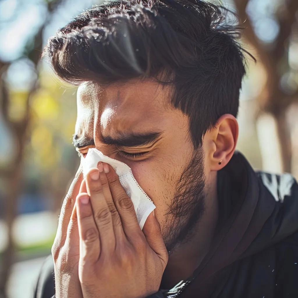 Person in Dubai experiencing respiratory allergy symptoms like sneezing and watery eyes in a dusty environment