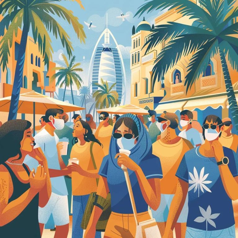 Diverse individuals in Dubai showing allergy symptoms like sneezing and itchy eyes against a sunny urban backdrop