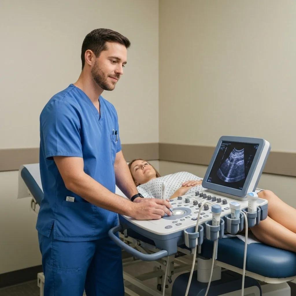 Healthcare professional performing an ultrasound scan in a clinical setting, highlighting the importance of diagnostic imaging