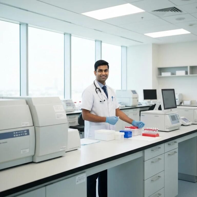 Modern laboratory in Bur Dubai with healthcare professional preparing blood samples