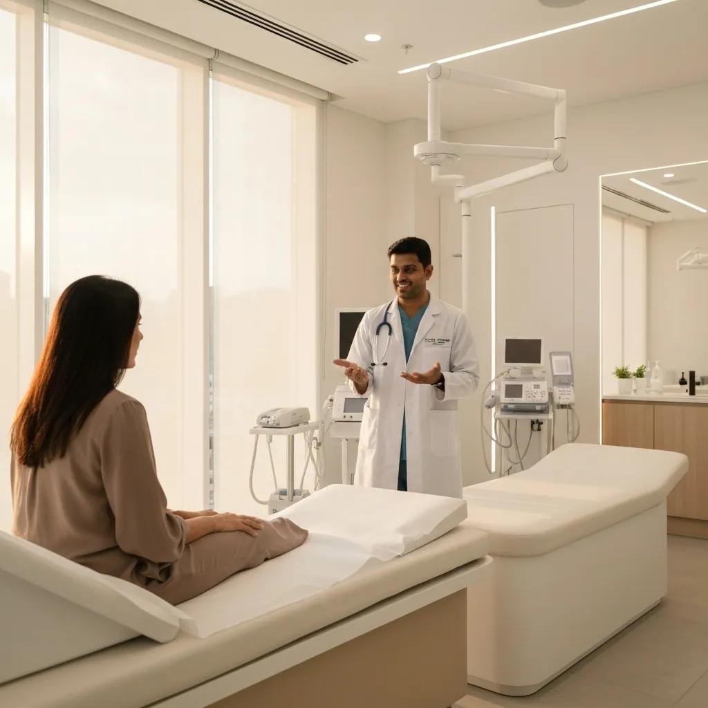 Modern medical clinic in Dubai with healthcare professional preparing for STD test, emphasizing confidentiality and care