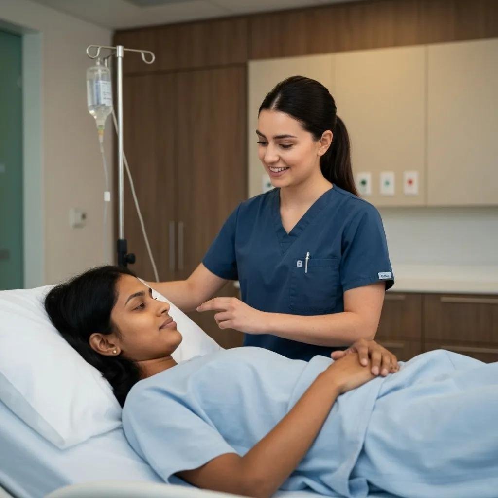 A patient receiving instructions from a healthcare professional before undergoing a radiology examination in a clinical setting
