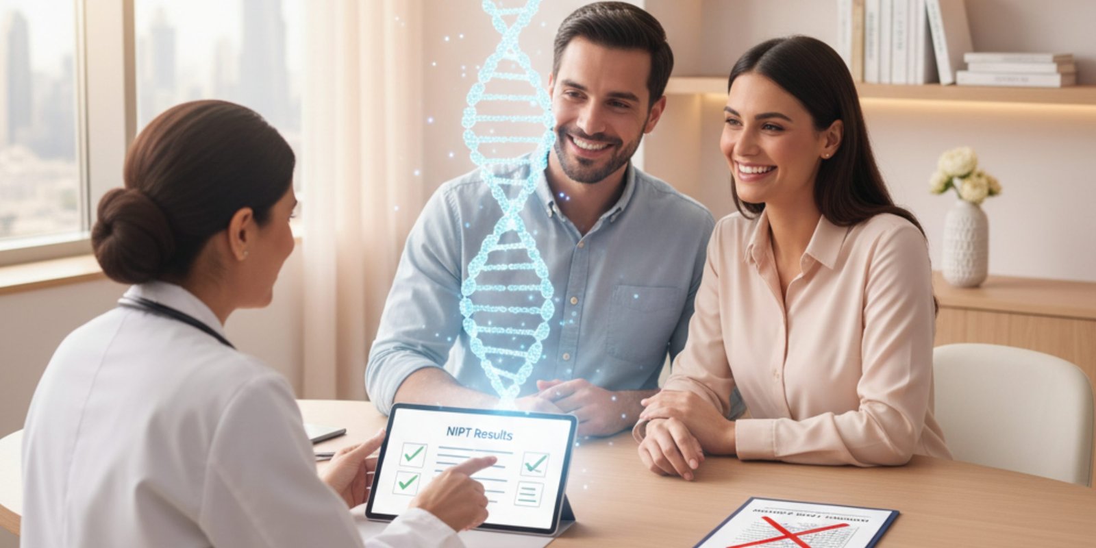 Expectant couple discussing NIPT results with doctor, showing digital DNA strand — representing the benefits of non-invasive prenatal testing in Dubai.