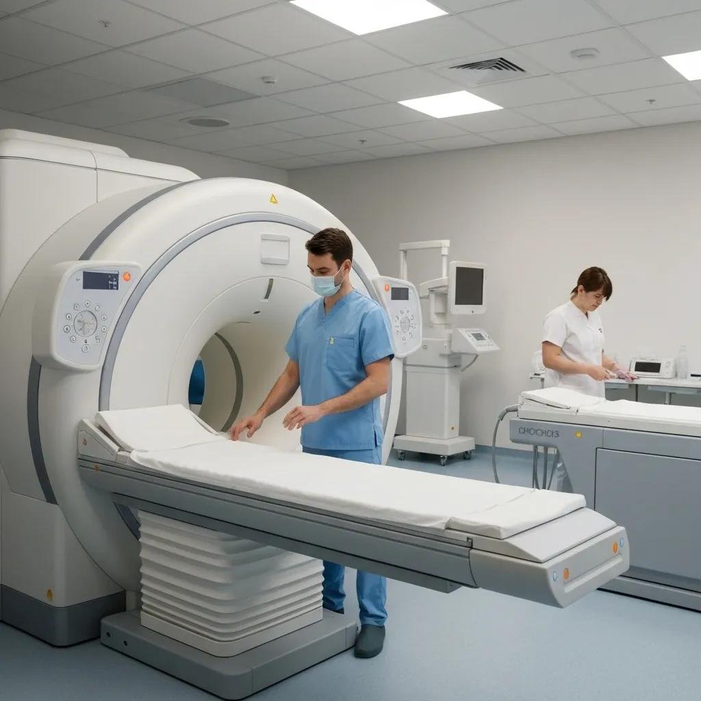 Modern radiology room with advanced imaging equipment and healthcare professional preparing for a test