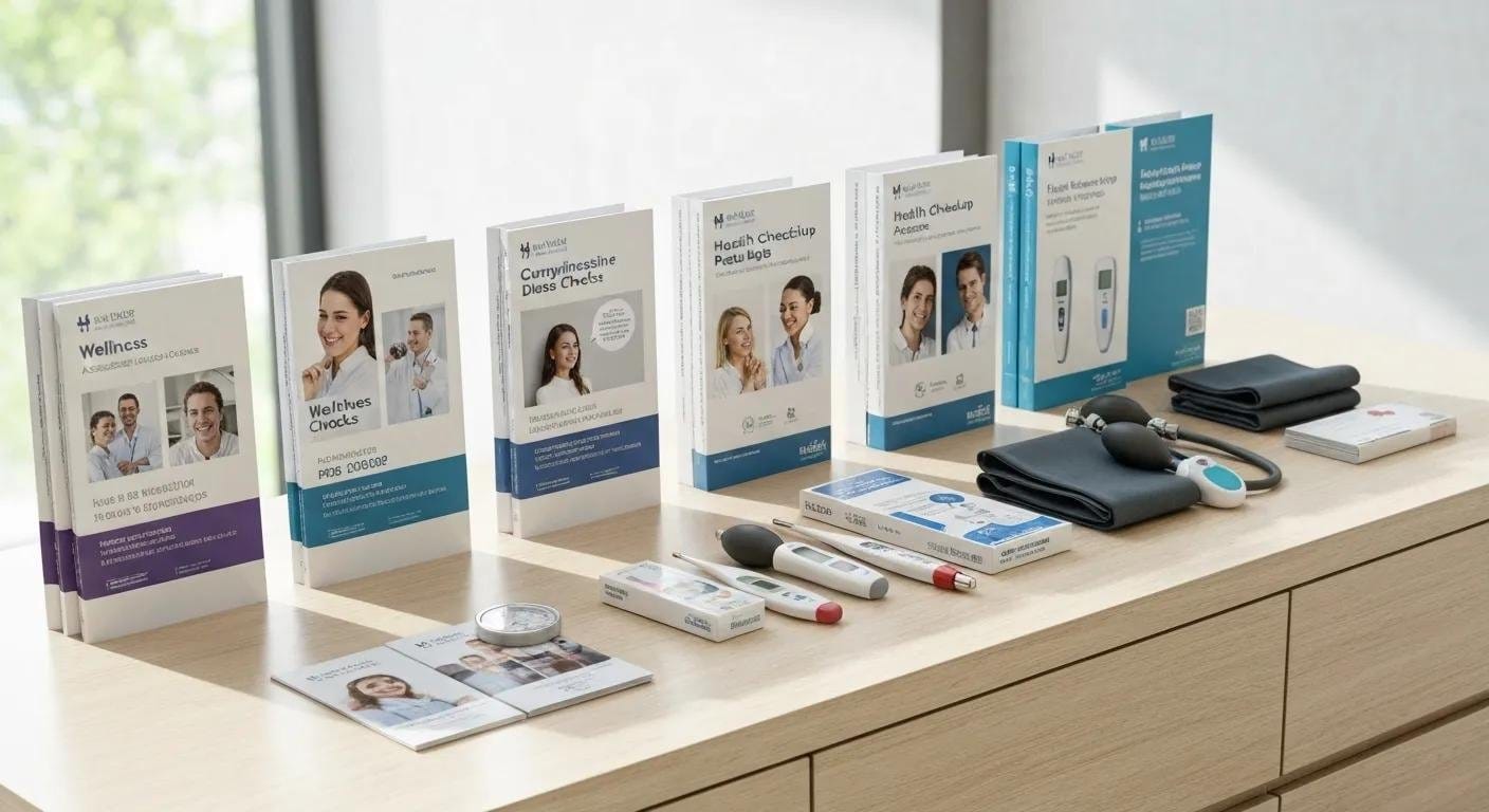 Display of health checkup packages with brochures and medical items