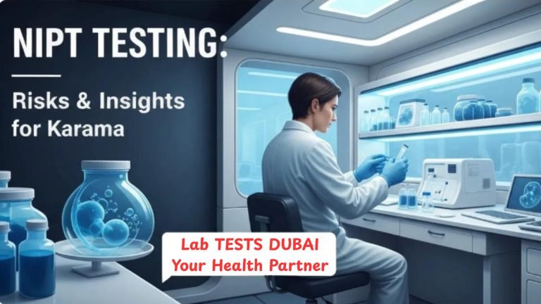 NIPT testing laboratory in Dubai – scientist analyzing prenatal DNA samples for Karama residents.