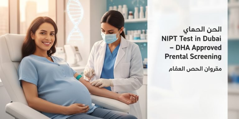 Pregnant woman undergoing blood sample collection by female doctor – banner promoting safe DHA-approved NIPT Test in bur Dubai.