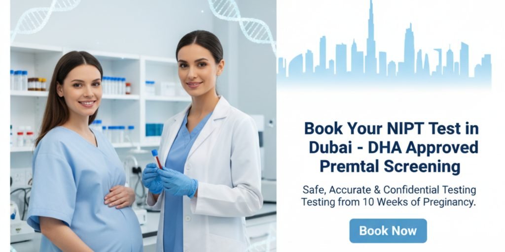Understanding NIPT Testing: Risks, Limitations, and What Karama Families Need to Know 3 Pregnant woman with doctor preparing for blood draw in DHA-approved lab – promoting safe, accurate, and confidential NIPT testing in Dubai.