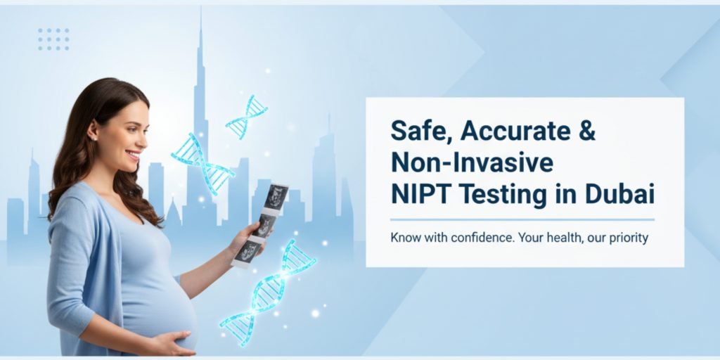 Understanding NIPT Testing: Risks, Limitations, and What Karama Families Need to Know 2 Pregnant woman smiling and holding ultrasound images with DNA graphics and Dubai skyline – promoting safe, accurate, and non-invasive NIPT testing in Karama Dubai.