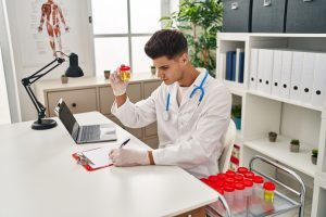 young hispanic man wearing doctor uniform analysing urine test tube clinic
